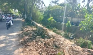 Tumpukan sampah sisa kerja bakti di sisi Kali Krukut, Limo, Depok, Jawa Barat. Jabar Ekspres/Rubiakto.