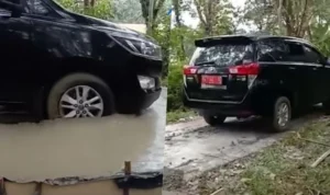Mobil Dinas Kadispora Lubuk Linggau Terobos Jalan Cor Basah