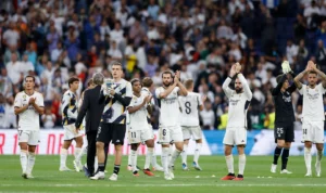 Selebrasi pemain Real Madrid setelah laga melawan Getafe (2/9).