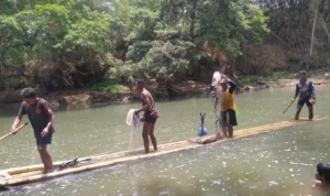 Warga Cijulang Kabupaten Ciamis Jawa Barat melakukan tradisi 'Ngubyag Sungai' di sungai Citanduy, Rabu (27/9). Tradisi turun temurun ini dilakukan hanya saat musim kemarau. (FOTO:CECEP HERDI/JABAR EKSPRES)