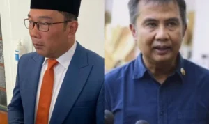 Ridwan Kamil ucapkan selamat kepada Bey Machmudin yang resmi ditunjuk oleh Presiden Jokowi sebagai Pj Gubernur Jawa Barat. Kolase foto Pemprov Jabar/Sekretariat Presiden RI.