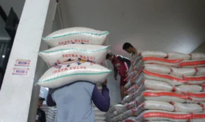 Meroketnya Harga Beras Dinilai Beratkan Pedagang, Pemkot Bandung Segera Gelar Operasi Pasar Pegawai di salah satu grosir beras tengah memanggul sejumlah karung beras, di Cibiru, Bandung. (Pandu/Jabarekspres)