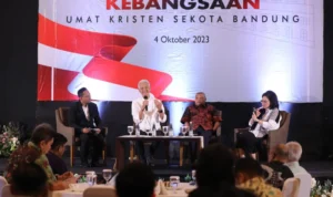 Bakal Calon Presiden (Bacapres) Ganjar Pranowo menghadiri acara Silahturahmi Kebangsaan Umat Kristen se-Kota Bandung, Rabu (4/10/2023).