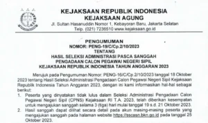 PDF Info Pengumuman Hasil Seleksi Administrasi Pasca Sanggah CPNS Kejaksaan 2023 PDF Pengumuman Hasil Seleksi Administrasi Pasca Sanggah CPNS Kejaksaan 2023/ Dok. biropeg.kejaksaan.go.id