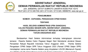 Pengumuman Hasil Seleksi Administrasi CPNS Sekjen DPR RI/ Tangkap Layar Pengumuman di dpr.go.id/cpns