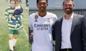 Jude Bellingham (digendong dan baju putih) dan Mark Bellingham (baju hijau dan berjas).