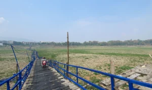 Menyusutnya Debit Air Sungai Citarum Membawa Berkah Bagi Para Nelayan Jembatan apung penghubung Kecamatan Batujajar dan Kecamatan Cihampelas menapak hingga ke dasar sungai. Selasa (24/10). Foto Jabarekspres/wit