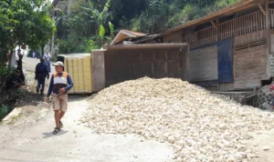Mobil Mitsubishi Dump Truck bernomor polisi Z 8203 DV terguling saat menanjak di Jalan Raya Palasari, Kabupaten Sukabumi pada Rabu, 26 Oktober 2023.
