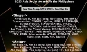 Pengumuman penyelenggara Asia Artist Award 2023 tentang line up artis yang datang. (@starnewskorea)