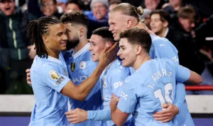 Pemain Manchester City saat merayakan gol kemenangan atas Brentford, Selasa (6/2) dini hari WIB.