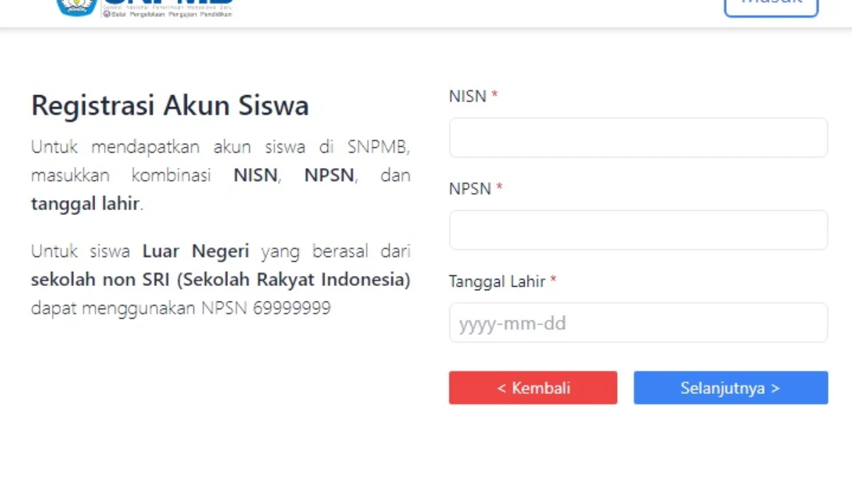 Laman Registrasi Akun SNPMB Siswa 2024/ Tangkap Layar SNPMB