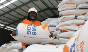 Pekerja memikul beberapa karung beras di Gudang Bulog, Gedebage, Kota Bandung. (Pandu Muslim/Jabar Ekspres)