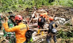 Petugas gabungan melakukan penanganan terhadap rumah yang roboh hingga rata dengan tanah akibat bencana tanah longsor di Desa Cijati, Kecamatan Cimanggu, Kabupaten Cilacap, Selasa (6/2/2024). ANTARA/HO-Basarnas Cilacap