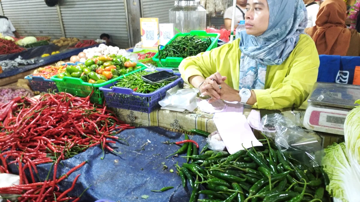 Dok. Salah seorang pedagang kebutuhan pokok di Pasar Kosambi Bandung, Widyaningsih (45). Senin (19/2). Foto. Sandi Nugraha