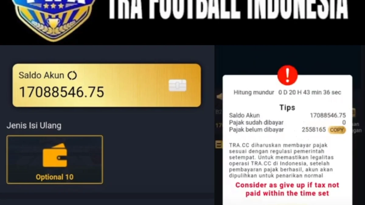Aplikasi TRA Football dengan Modus Baru Member Disuruh Bayar Pajak