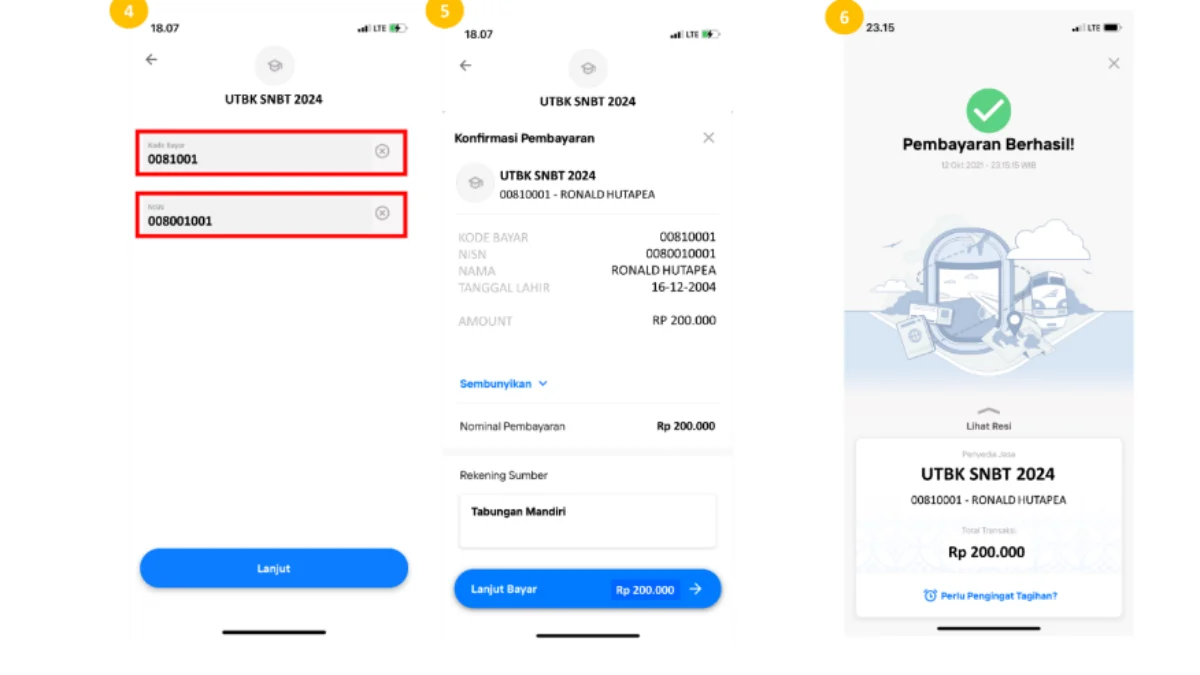 Contoh Bukti Transfer Pembayaran UTBK SNBT 2024 di Bank Mandiri/ Dok. SNPMB