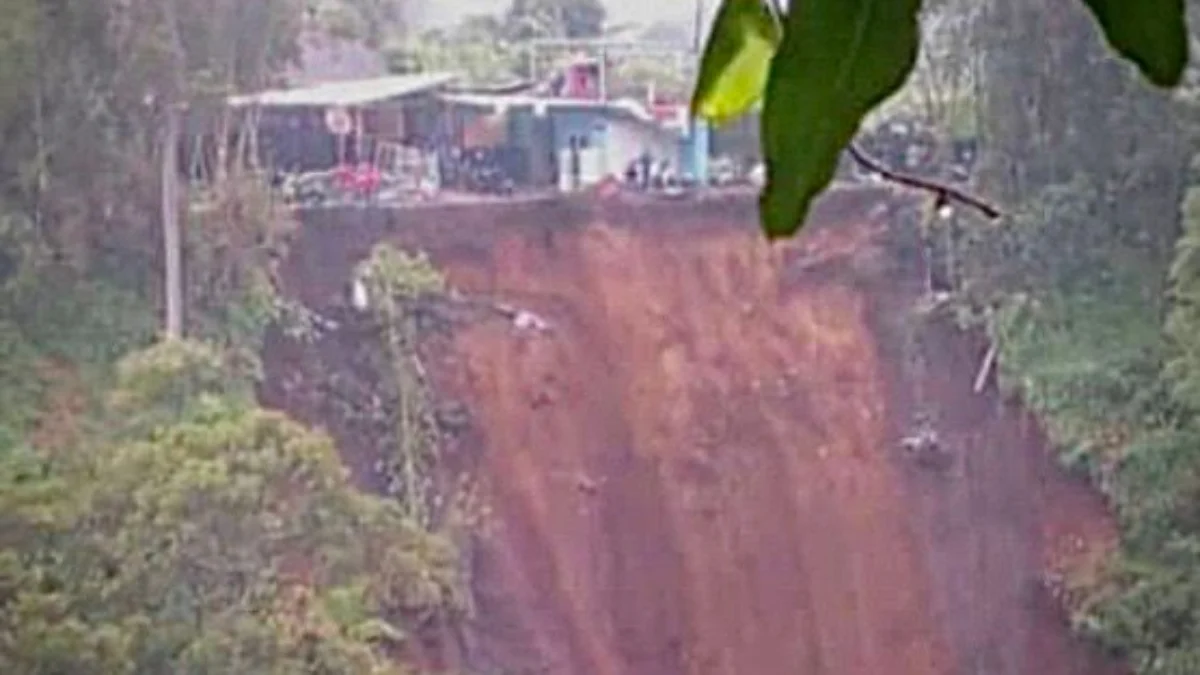 Hujan Deras Guyur Kabupaten Bandung Barat, Sejumlah Jalan Tergerus Longsor alan desa di Kampung Kebon Cau RT 04 RW 05, Desa Kertawangi, Kecamatan Cisarua. Jalan selebar 1 meter dengan panjang 26 meter longsor seusai wilayah itu diguyur hujan deras. Senin (18/3). Foto petugas BPBD KBB
