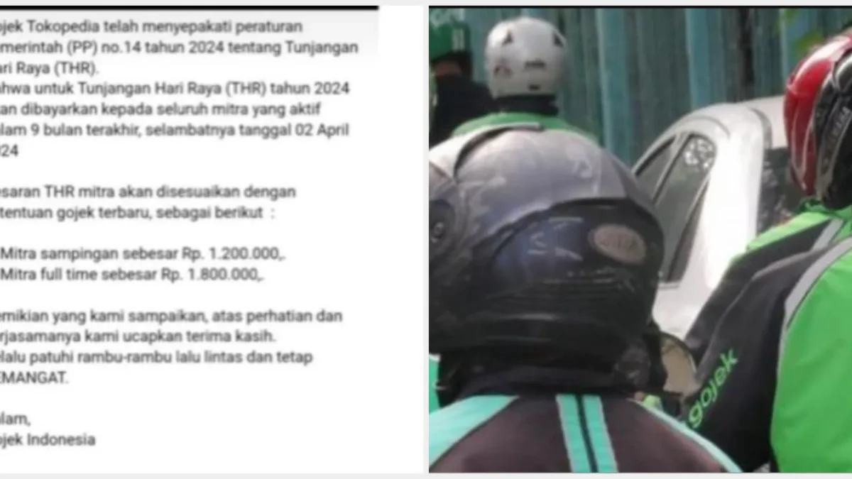 Cek Fakta: Gojek Bagikan THR Ojol Rp1,2 Juta dan Rp1,8 Juta, Waspada Hoaks Beredar Unggahan di Facebook, Gojek Bagikan THR ke Ojol, Ini Faktanya/ Kolase Facebook