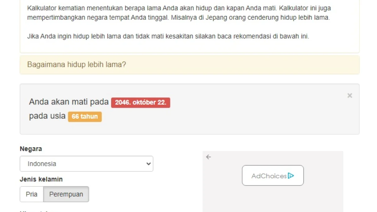 Berapa Sisa Umurmu di Dunia? Cek Melalui Link Tes Kalkulator Kematian yang Sedang Viral di Sini Link Kalkulator Kematian untuk mengecek sampai umur berapa bisa hidup.