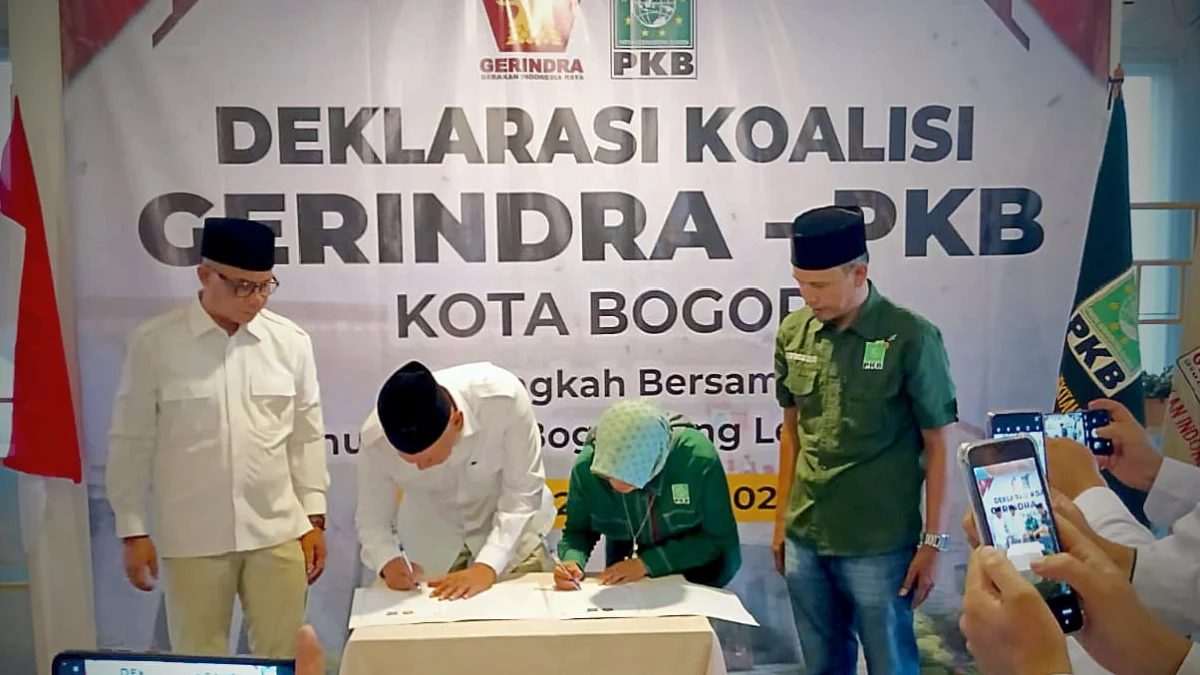 Gerindra dan PKB Kota Bogor Bangun Penjajakan Koalisi, Siapa Cawalkot yang Diusung? Prosesi Deklarasi Koalisi Partai Gerindra - PKB pada Rabu (24/4). (Yudha Prananda / Kabar Ekspres)