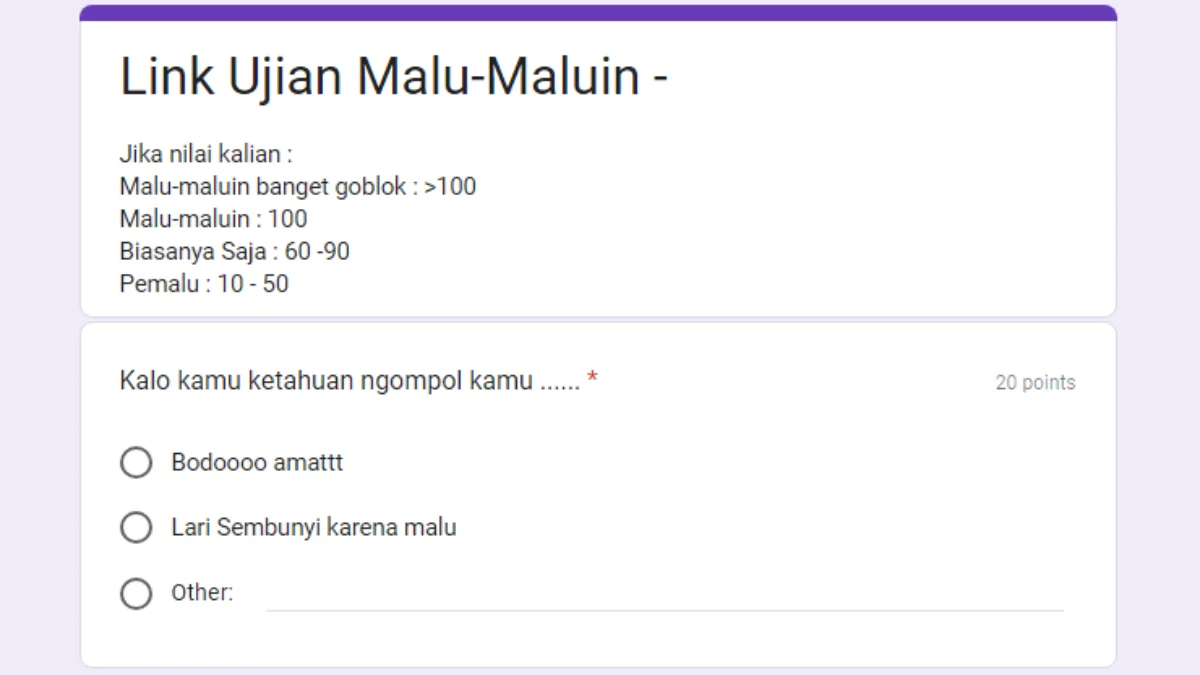 Link Ujian Malu-Maluin Google Form DISINI Gratis Tes Apakah Kamu Pemalu atau Malu-Maluin?