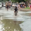 Jalan becek di kawasan dalam wisata Pantai Pangandaran.
