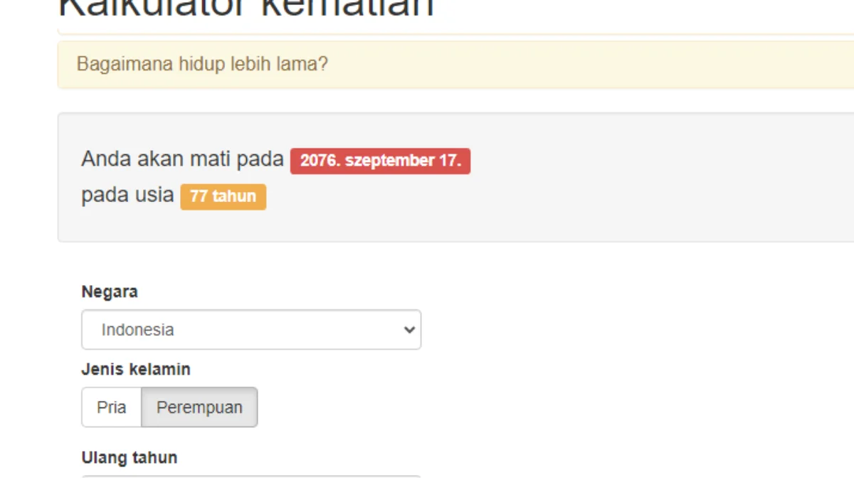 Link Tes Ujian Kalkulator Kematian, Cek Berapa Sisa Umurmu dan Kapan Kamu Mati DISINI Gratis Link Tes Ujian Kalkulator Kematian, Cek Berapa Sisa Umurmu dan Kapan Kamu Mati DISINI Gratis