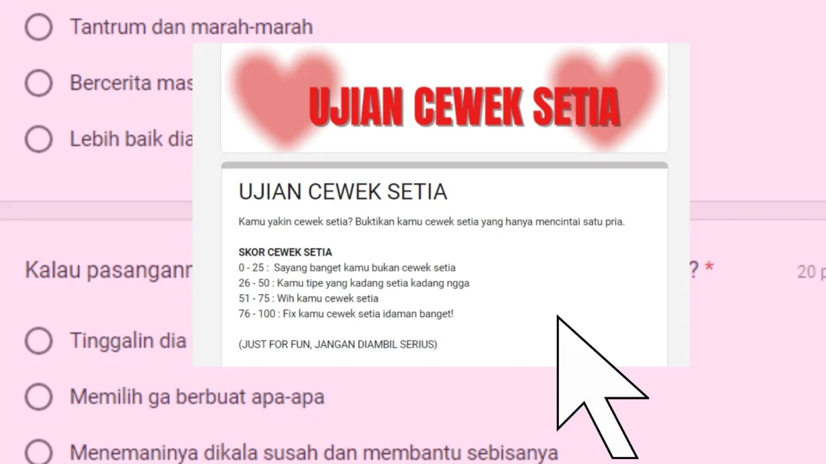 Kamu Cewek Setia? Ini Link Ujian Kesetiaan Google Form, Skor 100 Fix Cewek Idaman! Ujian Kesetiaan Cewek Google Form/ Dok. JabarEkspres