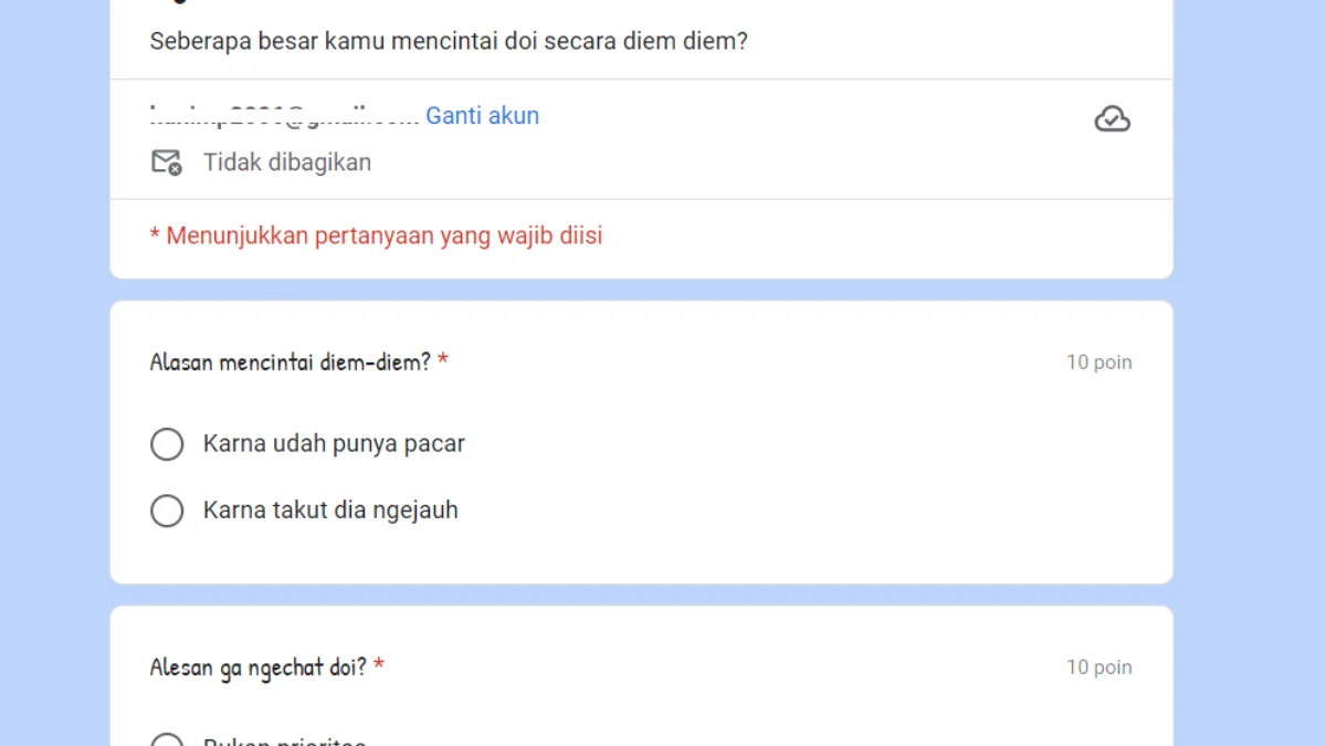 Tangkap layar ujian mencintai diam-diam via Google Form