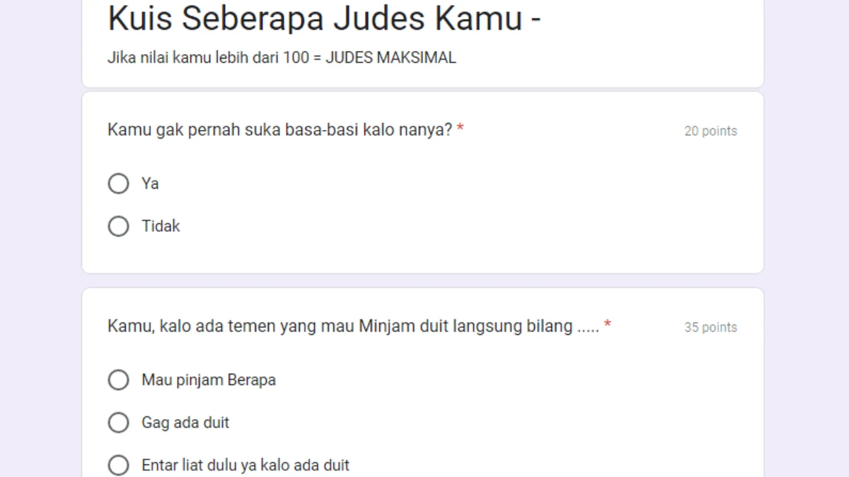 Link Ujian Kejudesan Docs Google Form Gratis DISINI Tes Seberapa Judes Kamu
