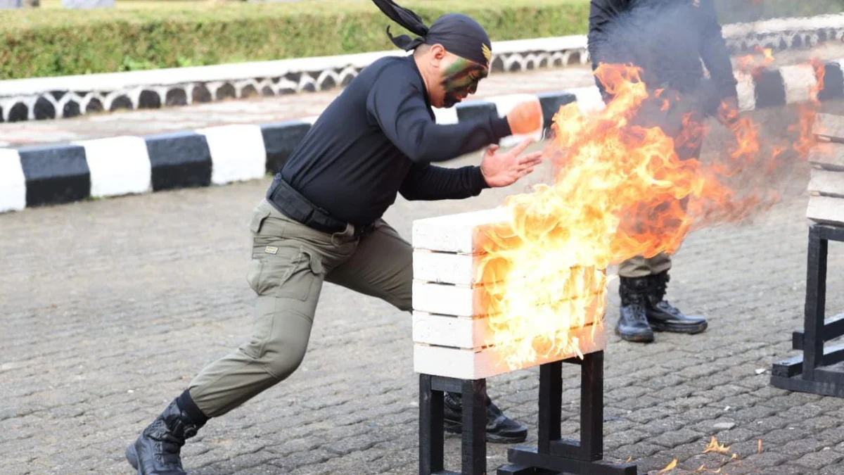 Anggota satpol PP saat menunjukan aksi dalam HUT Satpol PP. Foto : Sandika Fadilah /Jabareksprs.com