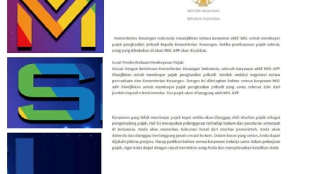 Surat dari Kementerian Keuangan terkait pajak MSL yang diduga palsu