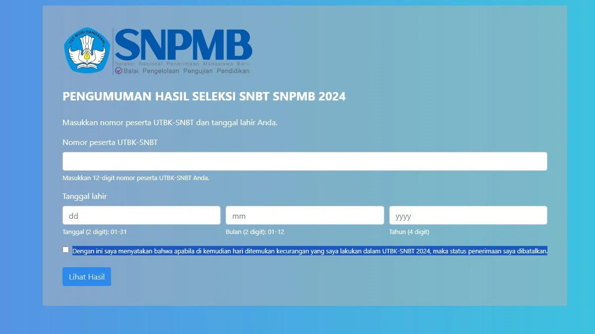 Laman cek pengumuman SNBT UTBK 2024/ Tangkap layar laman snbt.upnjatim.ac.id/