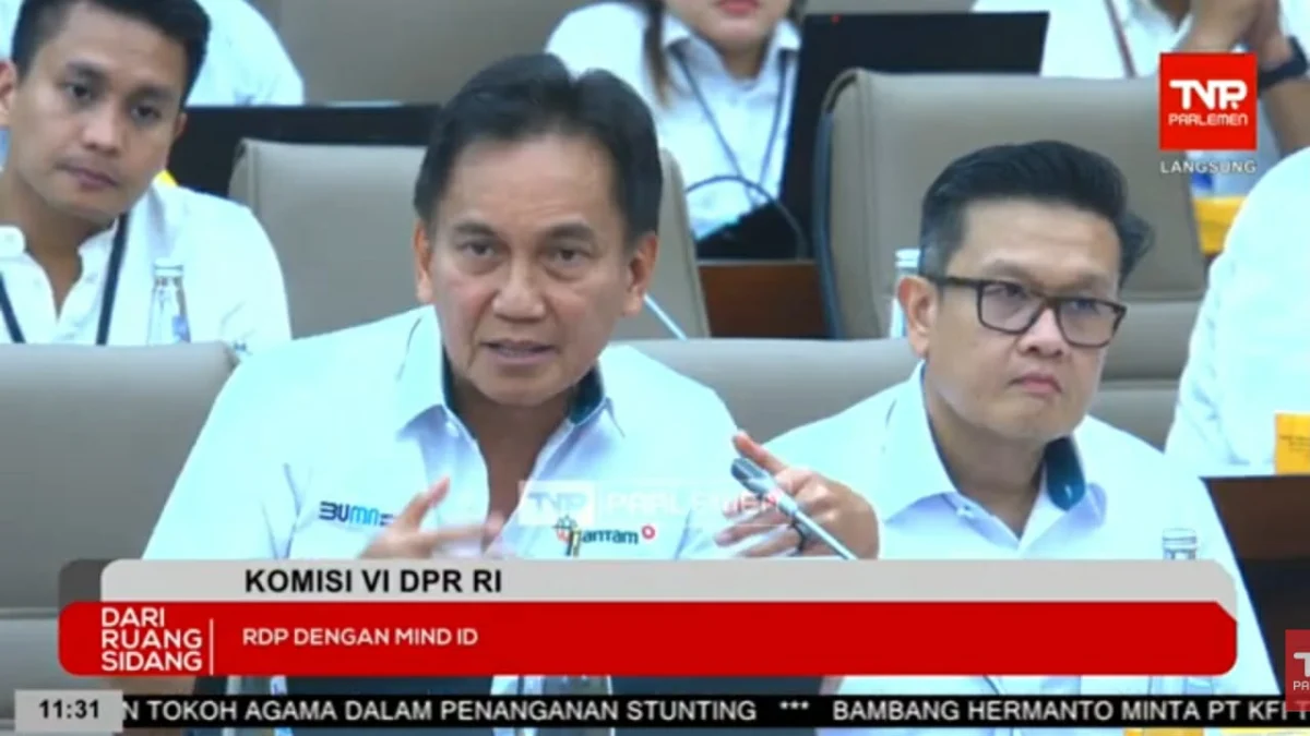 Direktur Utama PT Antam Tbk saat menjelaskan mengenai dugaan emas palsu, dalam RDP) dengan Mind ID, di Kompleks Parlemen, Senayan, Jakarta, Senin (3/6/2024). / Tangkapan Layar