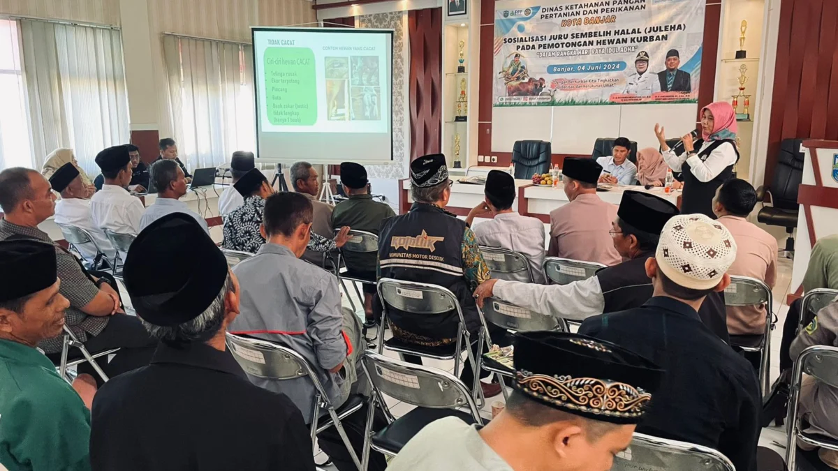 Jelang Idul Adha, DKP3 Kota Banjar Lakukan Sosialisasi pada Juru Sembelih Halal Para juru sembelih di Kota Banjar mengikuti acara sosialisasi penyembelihan hewan kurban sesuai syariat Islam di aula kantor Kecamatan Purwaharja Kota Banjar, Selasa 4 Juni 2024. (Cecep Herdi/Jabar Ekspres)