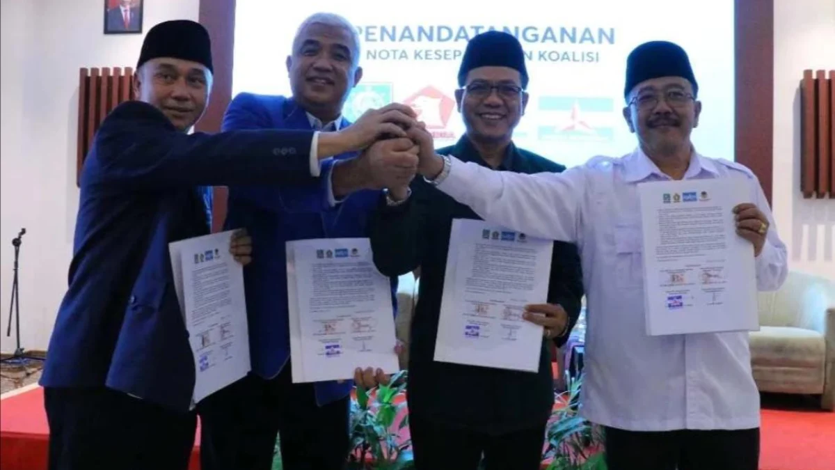 Koalisi Empat Partai Resmi Dukung Dadang Supriatna untuk Pilkada 2024 Empat partai yakni Nasdem, Demokrat, PKB dan Gerinda melakukan penandatanganan nota kesekapakatan koalisi untuk mengusung Dadang Supriatna dalam Pilkada 2024. Foto Istimewa