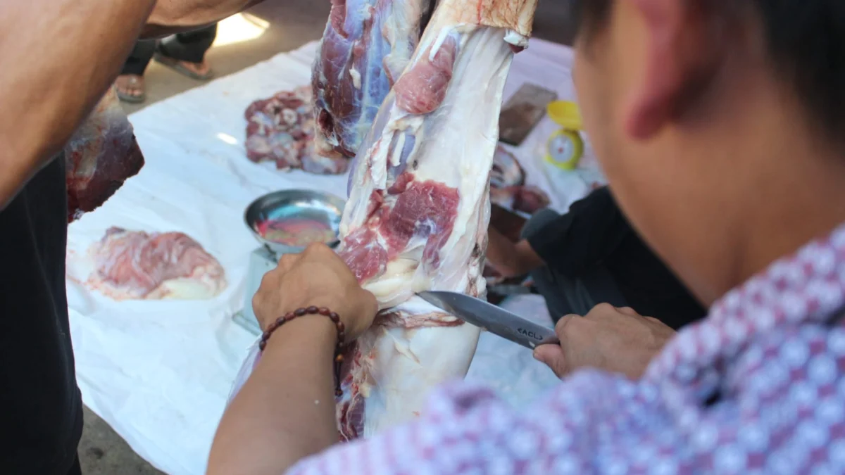 lustrasi: Petugas menguliti dan memotong daging kurban setelah disembelih. (Pandu Muslim/Jabar Ekspres)