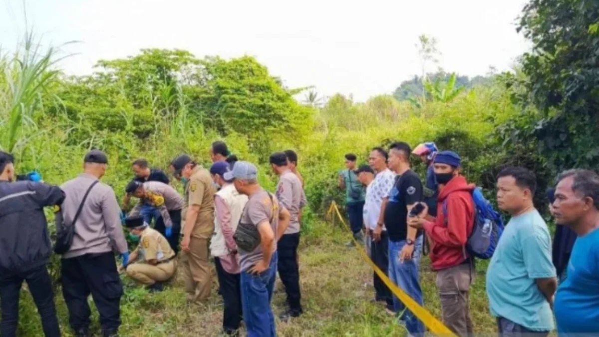 Personel Polsek Cikembar dan Polres Sukabumi saat melakukan olah TKP temuan kerangka perempuan di area kebun kosong di Kampung Cioray, Kabupaten Sukabumi. Foto/ANTARA