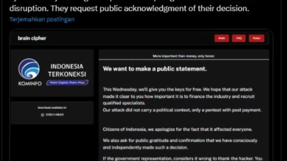 Hacker Ransomware mengumumkan bahwa, mereka akan merilis kunci deskripsi secara gratis pada hari Rabu (3/7) besok. (X / @/stealthmole_int)