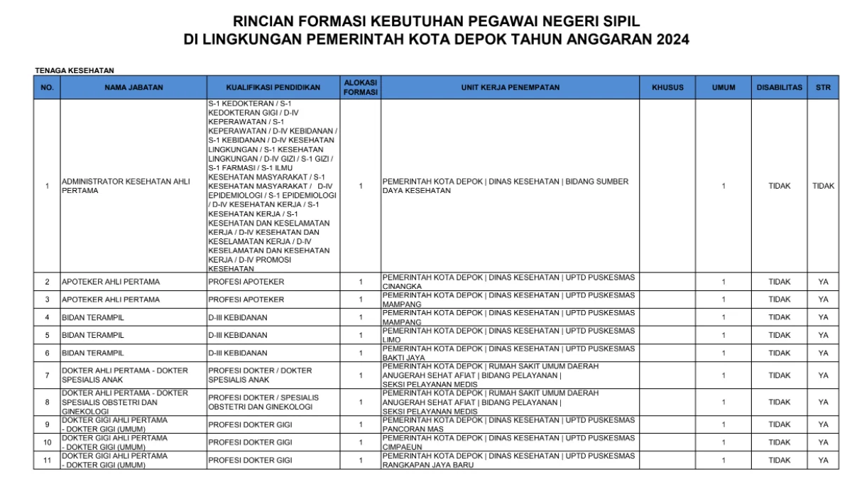 Formasi CPNS tahun 2024 di Pemerintah Daerah Kota Depok/ Tangkap Layar bkpsdm.depok.go.id