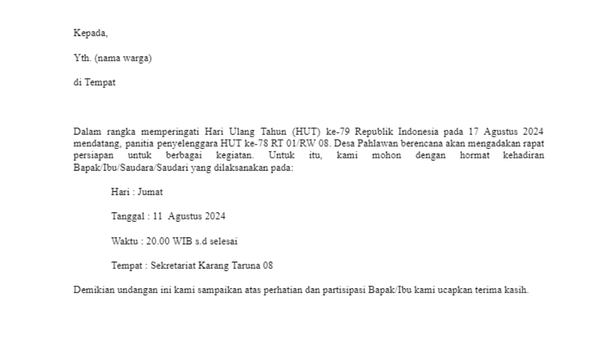 DOWNLOAD Contoh Surat Undangan Rapat 17 Agustus 2024 HUT RI 79, GRATIS! Ilustrasi Contoh Surat Undangan Rapat 17 Agustus Karangtaruna, RT, RW dalam bentuk Word/ Tangkap Layar Jabar Ekspres