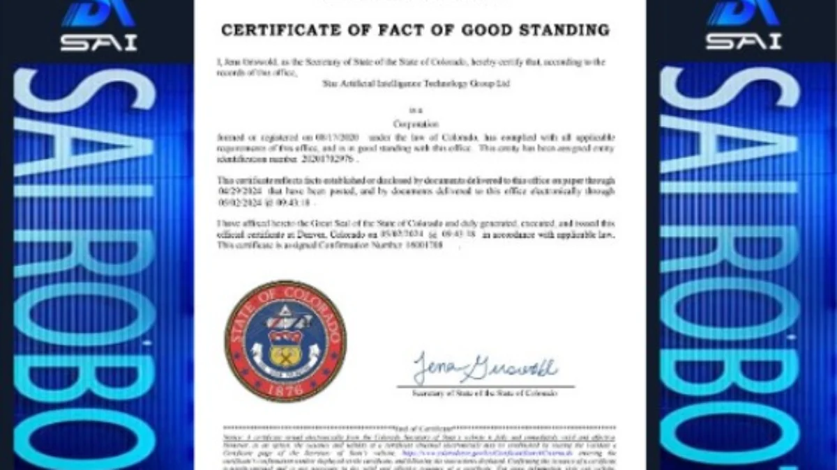 Aplikasi SAI Pamer Sertifikat Dari Pemerintah Colorado, Benarkah Investasi Legal? Dokumen certifikat legalitas Aplikasi SAI di Colorado.