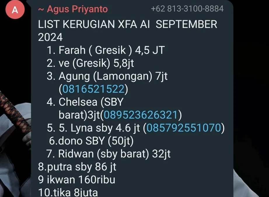 List Daftar Kerugian Pengguna XFA AI September 2024, Ada 135 Korban List Daftar Kerugian XFA AI Spetember 2024