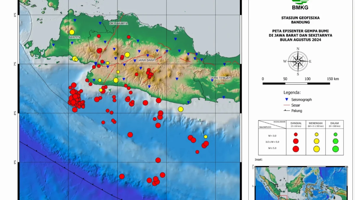 134 Kali Gempa Bumi Landa Jawa Barat Selama Agustus 2024 Ilustrasi: Titik lokasi gempa bumi yang dicatat terjadi di wilayah Provinsi Jawa Barat, hasil analisis BMKG Stasiun Geofisika Bandung. (BMKG for Jabar Ekspres)