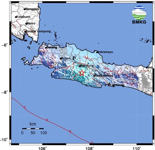 Adanya Aktivitas Sesar Garsela, Kabupaten Bandung Diguncang Gempa Bumi Sebanyak 6 Kali Ilustrasi: Peta monitoring pergerakan gempa bumi hasil tangkapan layar BMKG. (Kepala BMKG Stasiun Geofisika Bandung, Teguh Rahayu for Jabar Ekspres)