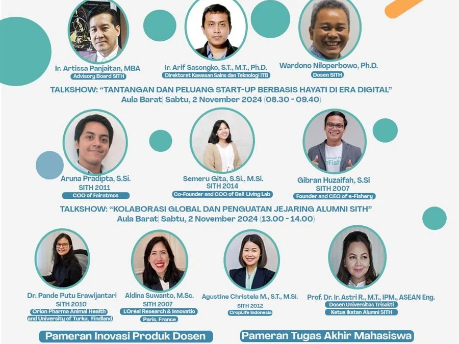 Pekan Depan, SITH ITB akan Adakan Pameran Inovasi Berbasis Hayati dan Riset Perdana di Indonesia SITH ITB akan mengadakan pameran inovasi berbasis hayati dan riset perdana di Indonesia pada Jumat hingga Sabtu 1-2 November 2024 di Aula Barat dan Timur ITB Kampus Ganesha, Bandung.