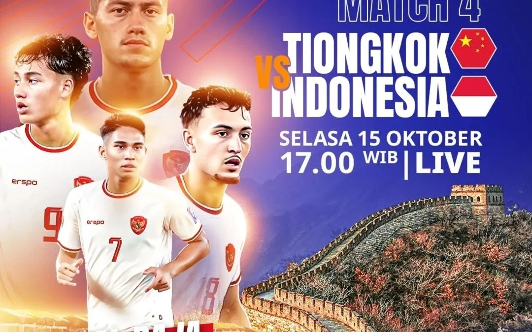 Saksikan link nonton streaming China vs Indonesia kualifikasi piala dunia 2026 yang disiarkan hari ini secara gratis pukul 19.00 WIB.