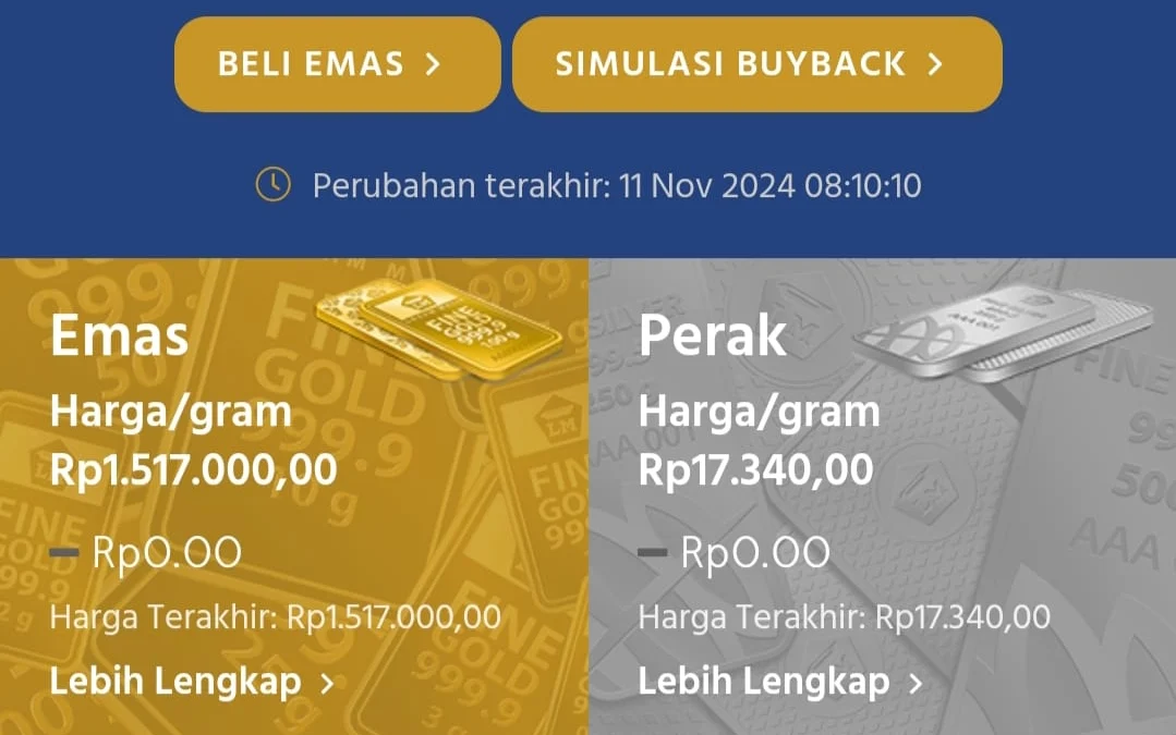 Harga Emas Antam Hari Ini 11 November 2024 Tetap Stabil di Rp1,5 Juta per Gram, Waktunya Investasi? Harga emas Antam hari ini pertanggal 11 November 2024 tidak mengalami perubahan signifikan masih di harga Rp1,517,000.(foto:facebook)