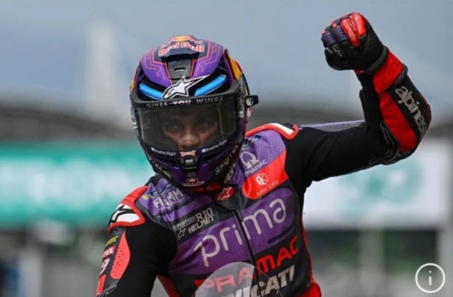 Jorge Martin Bertekad Segel Gelar Juara di Sprint Barcelona Pembalap Jorge Martin (Prima Pramac Racing) saat raih kemenangan Sprint MotoGP Malaysia di Sirkuit Internasional Sepang, Sabtu (2/11/2024). (Foto/ANTARA)