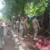 Personel gabungan Satpol PP Kota Bandung saat menertibkan sejumlah bangunan liar di kawasan Cibiru, pada Selasa (12/11).